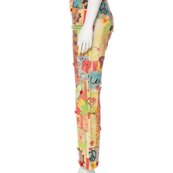 MOSCHINO Italian 42 Jeans Linen Pants Crochet Detail Multicolor M USA Sz 8 30 - Picture 2 of 13